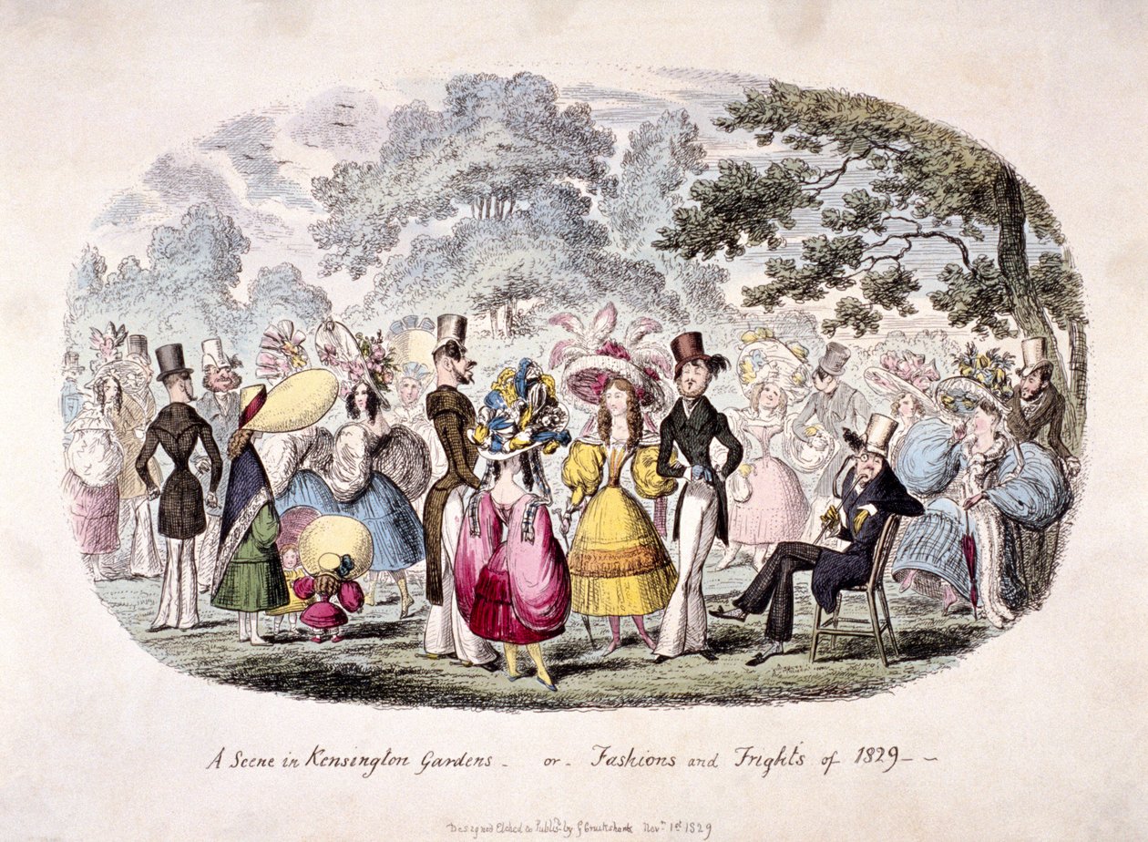 Eine Szene in den Kensington Gardens - oder - Mode und Schrecken von 1829 von George Cruikshank