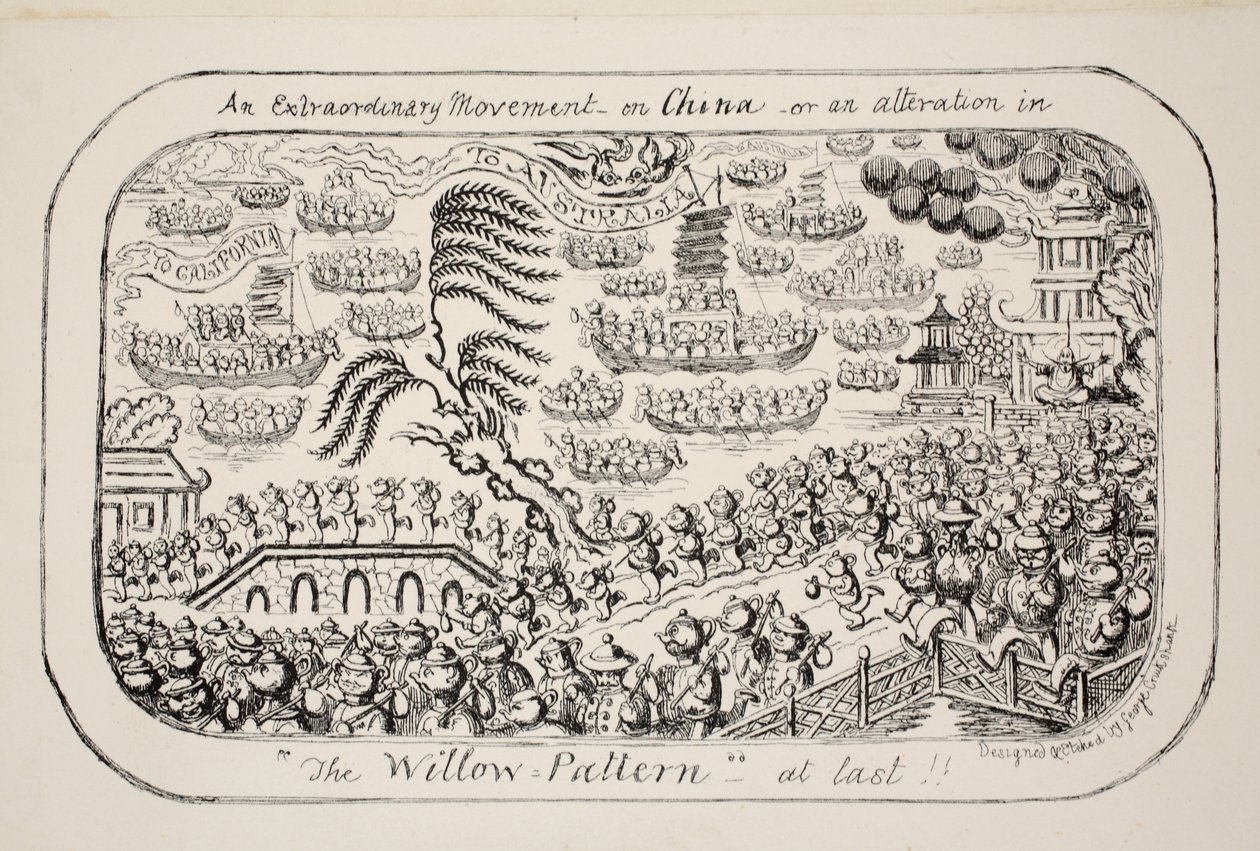 Eine außergewöhnliche Bewegung in China - oder - eine Änderung im Weidenmuster endlich!!, veröffentlicht 1853 von George Cruikshank