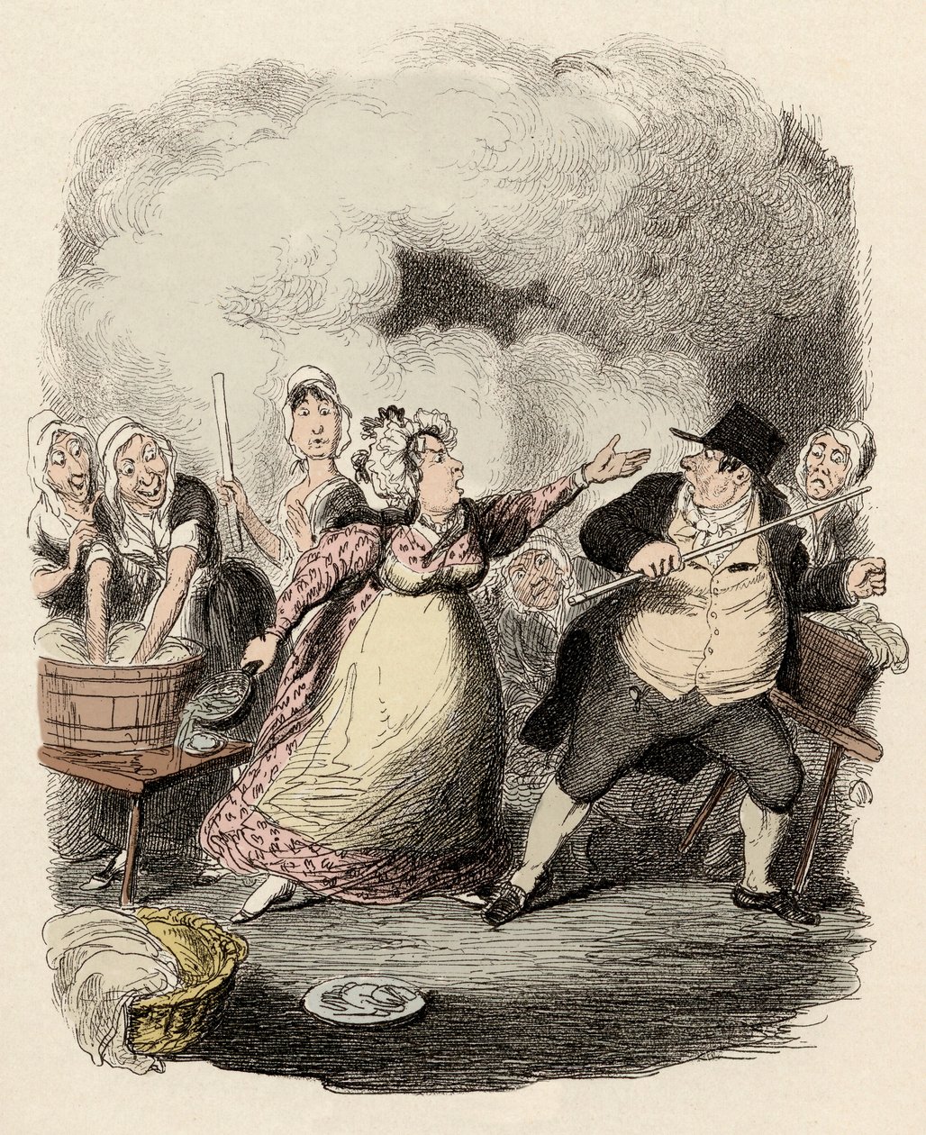 Im Hospiz wird Monsieur Bumble von seiner Frau, Madame Corney, schwer zurückgewiesen - Mr Bumble in den Augen der Armen erniedrigt - Illustration für „Oliver Twist“ (Die Abenteuer von Oliver Twist) von Charles Dickens (1812-1870), von George Cruikshank von George Cruikshank