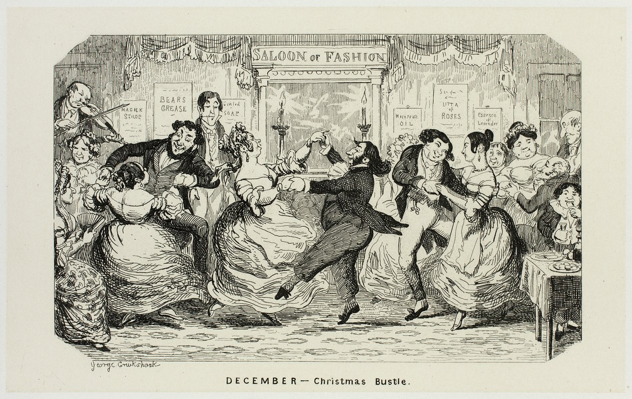 Dezember - Weihnachtsrummel aus George Cruikshanks Stahlradierungen für The Comic Almanacks: 1835-1853 von George Cruikshank