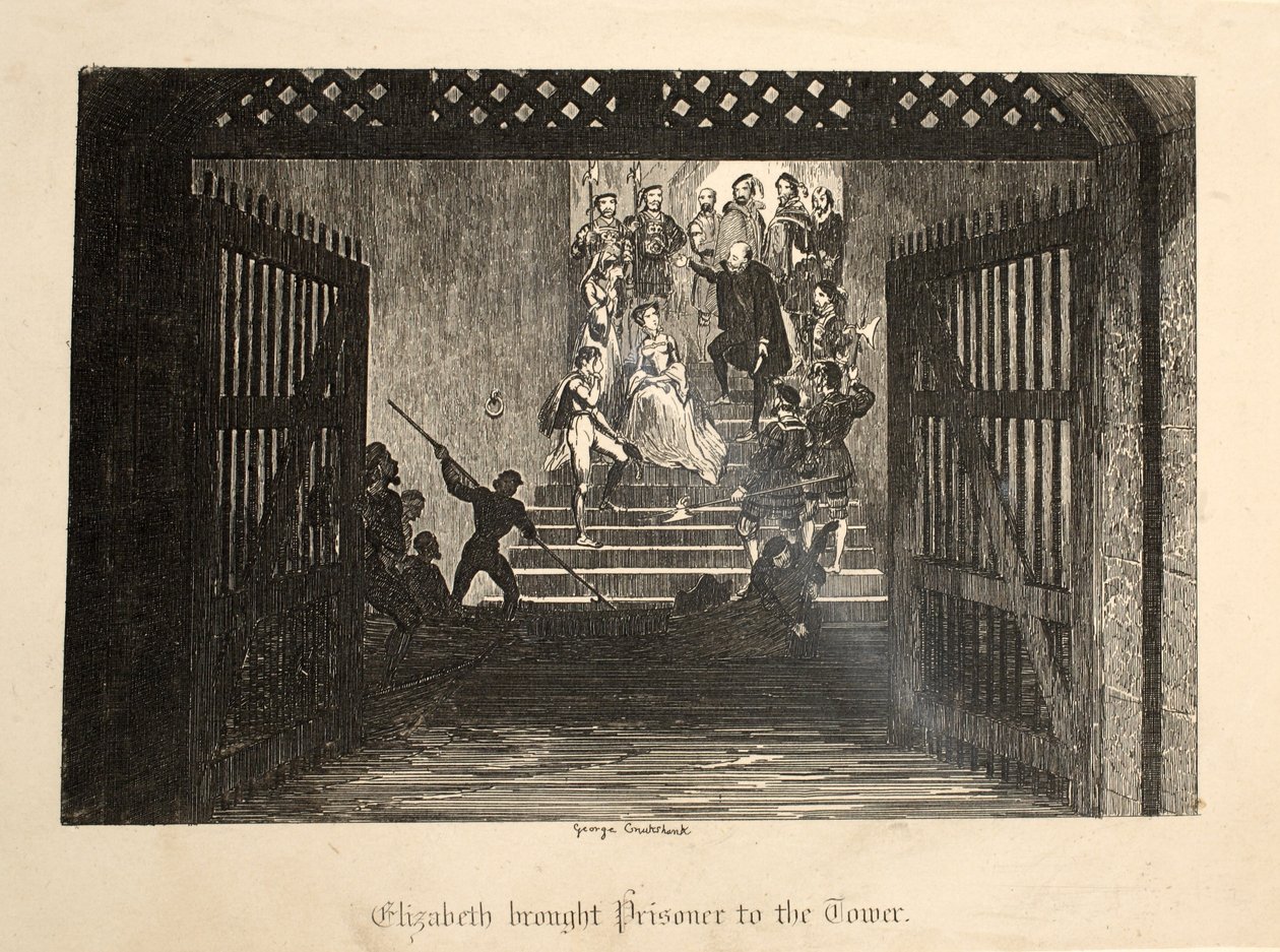 Elizabeth als Gefangene zum Tower gebracht, aus Der Tower von London, veröffentlicht 1840 von George Cruikshank
