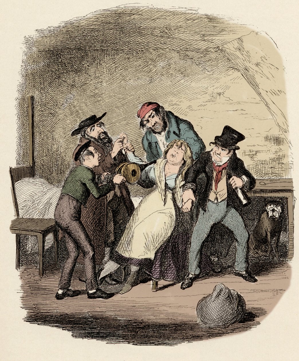 Fagin, Charley Bates, Kikes und Dawkins beleben Nancy wieder - Illustration für „Oliver Twist“ von Charles Dickens (1812-1870) von George Cruikshank