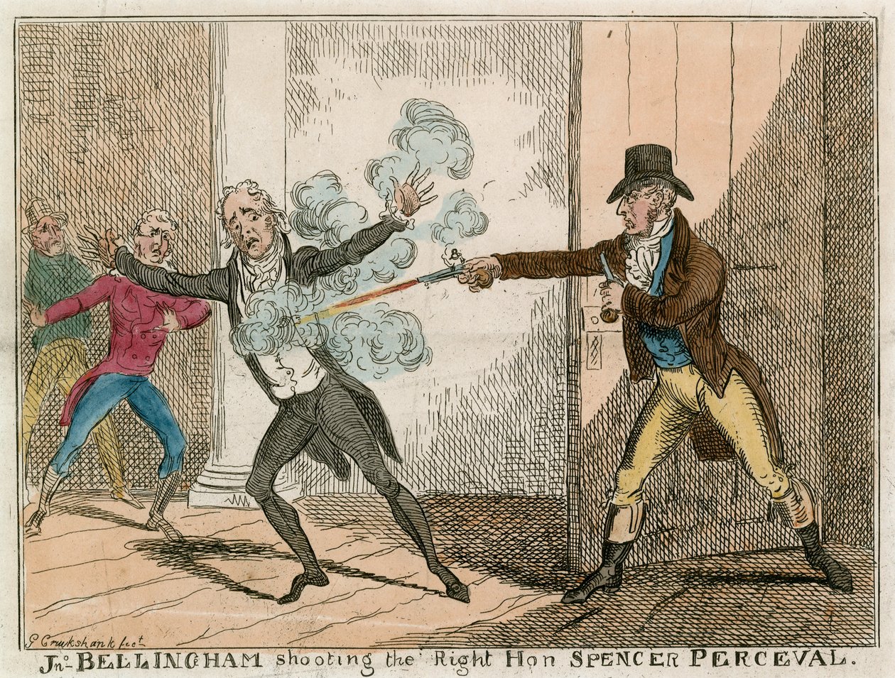 John Bellingham ermordet den Rt Hon Spencer Perceval in der Lobby des House of Commons von George Cruikshank