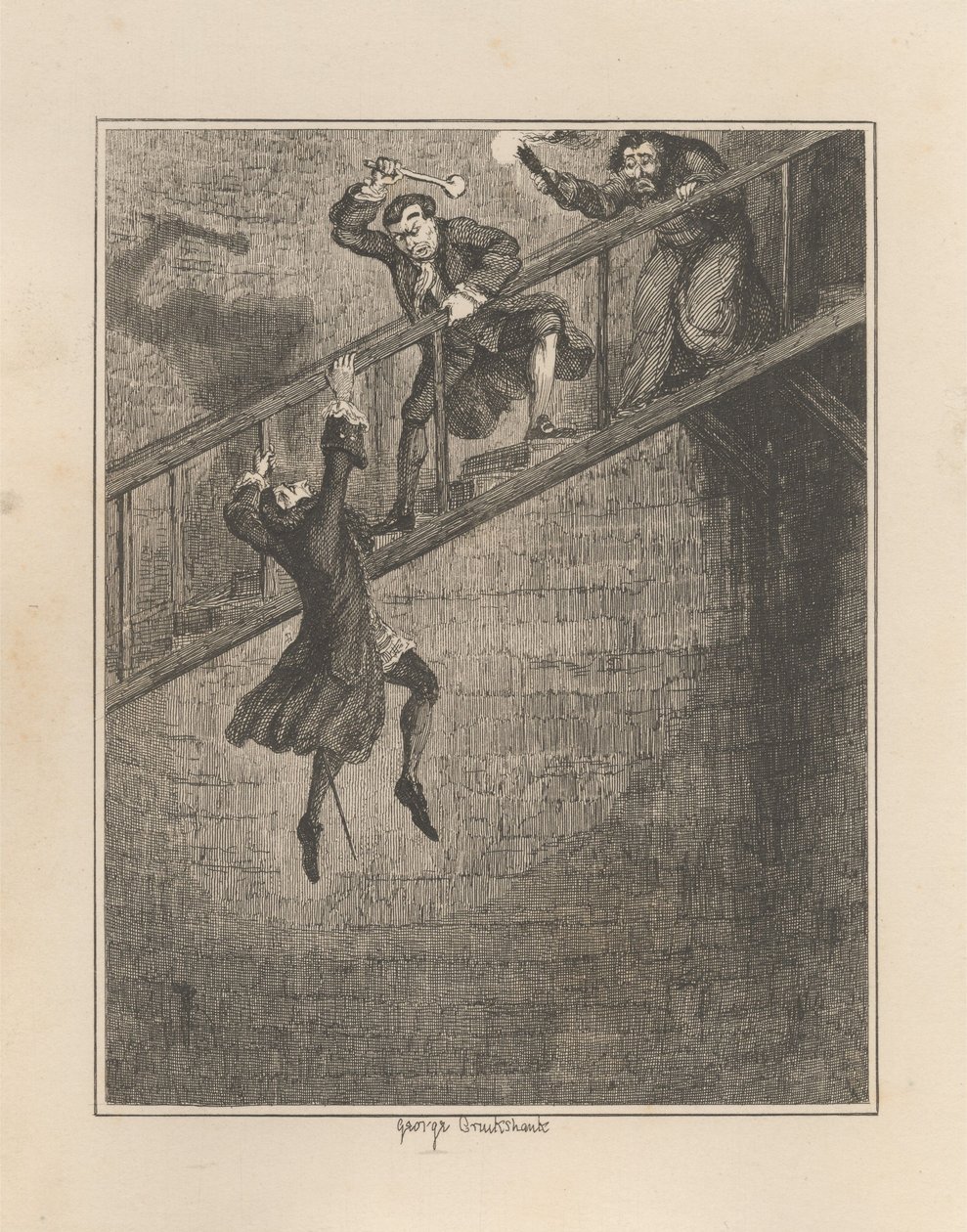 Jonathan Wild wirft Sir Rowland Trenchard in den Brunnenschacht von George Cruikshank