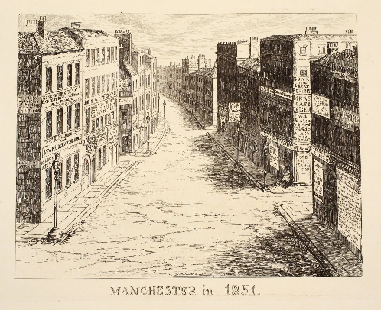 Manchester im Jahr 1851, aus 1851 oder Die Abenteuer von Herrn und Frau Sandboys und Familie, die nach London kamen, um sich zu amüsieren und die Große Ausstellung zu sehen, veröffentlicht 1851 von George Cruikshank