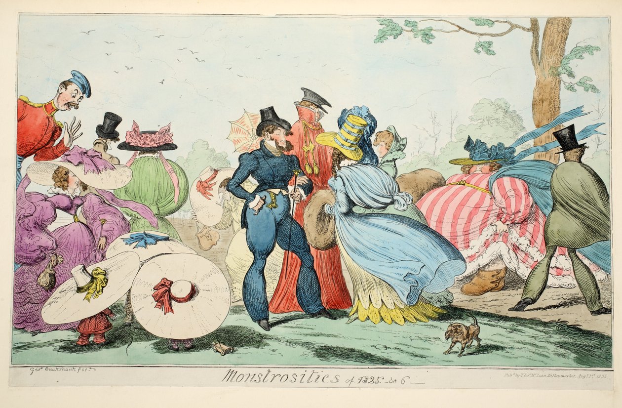 Monstrositäten von 1825 & 6, veröffentlicht 1835 (handkolorierter Stich) von George Cruikshank