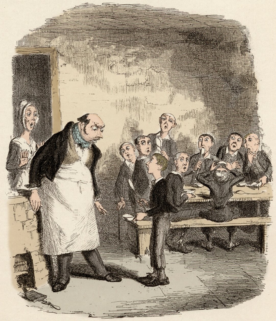 Oliver soll den Aufseher des Kinderhospizes um zusätzliches Essen bitten - Illustration für „Oliver Twist“ von Charles Dickens (1812-1870) von George Cruikshank