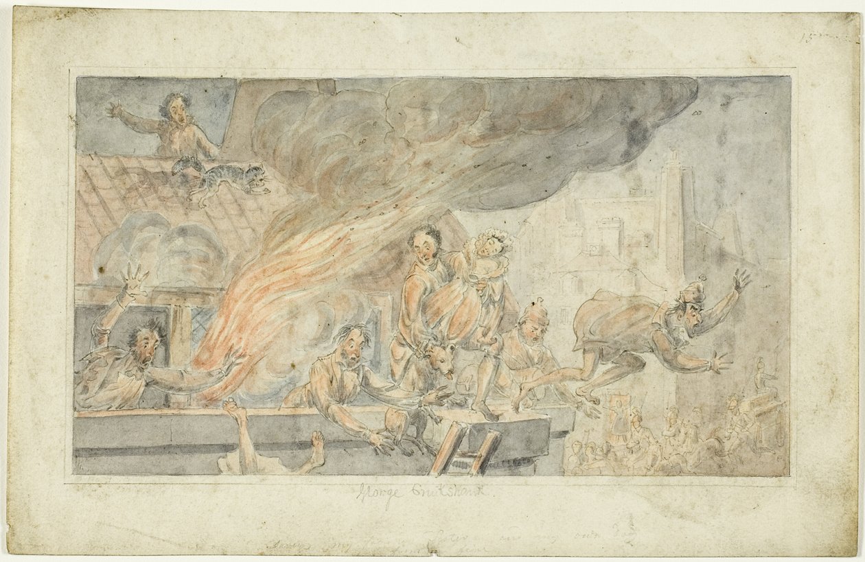 Menschen fliehen aus einem brennenden Gebäude von George Cruikshank