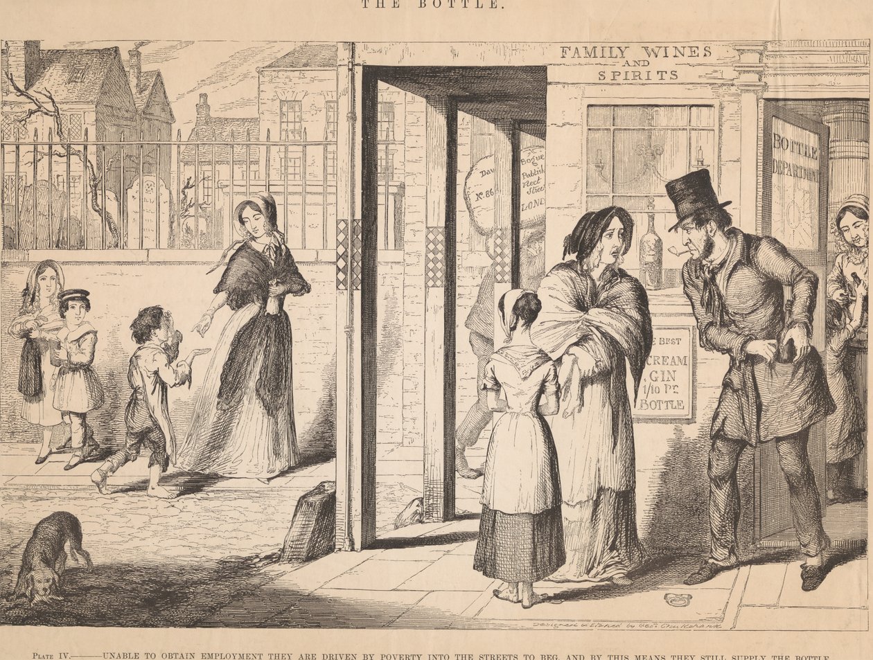 Tafel IV, Unfähig, Arbeit zu finden, werden sie von Armut auf die Straße getrieben, um zu betteln von George Cruikshank
