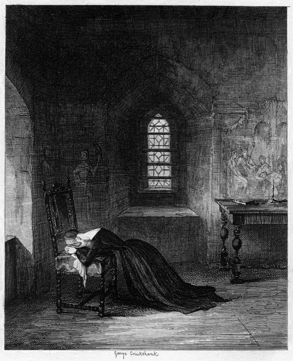 Königin Jane im Brick Tower, Tower of London, 1553-1554 von George Cruikshank