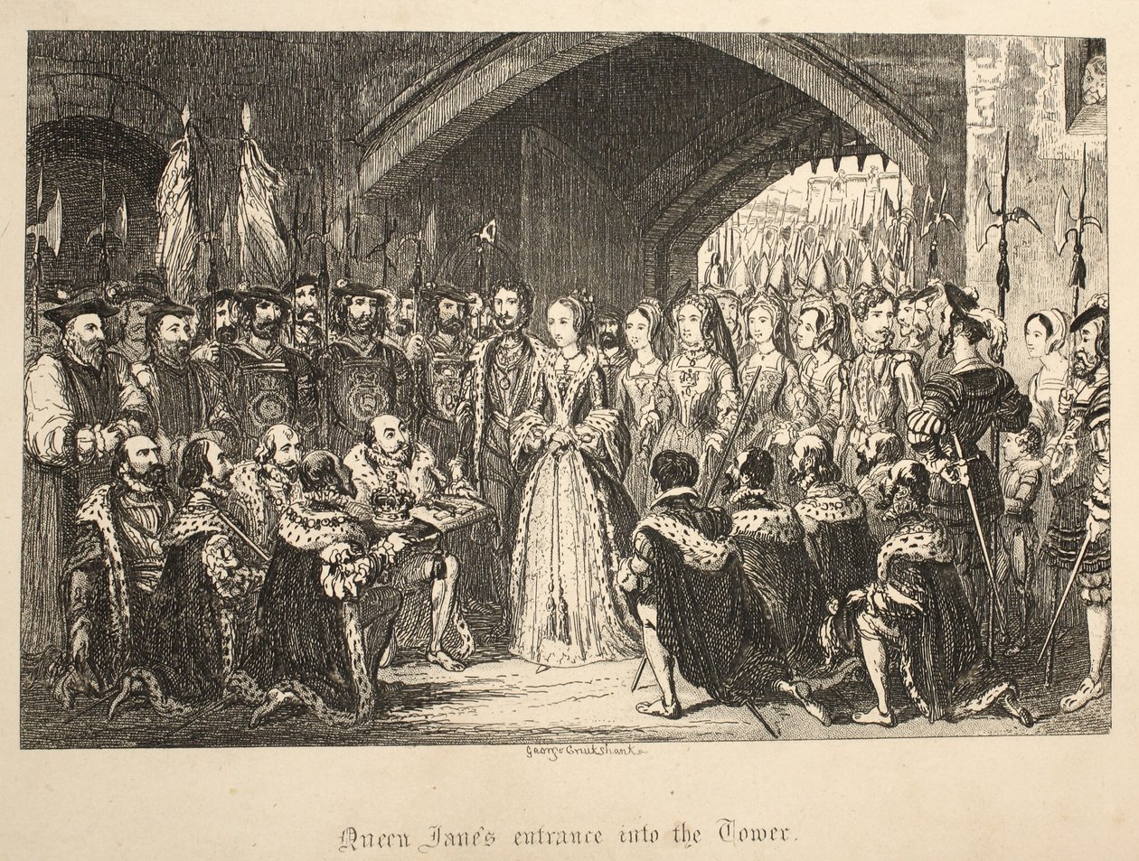 Königin Janes Eintritt in den Tower, aus Der Tower von London, veröffentlicht 1840 von George Cruikshank