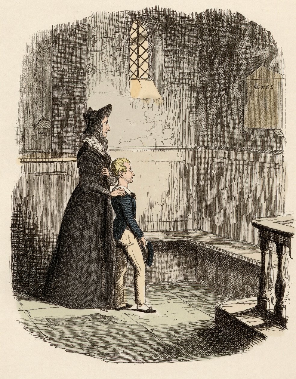 Rose Maylie und Oliver vor der Gedenktafel von Agnes, ihrer Schwester und Mutter - Illustration für „Oliver Twist“ von Charles Dickens, von George Cruikshank von George Cruikshank