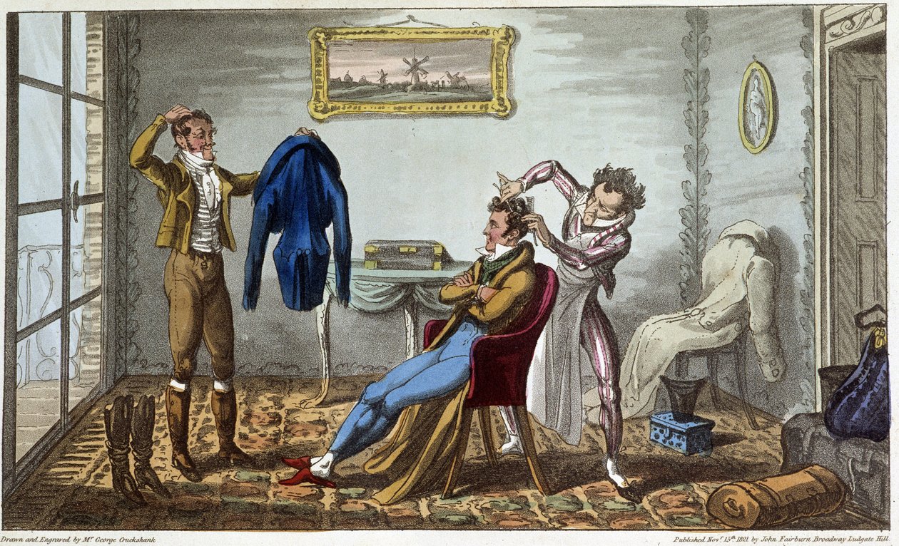 Schneider und Friseur zu Hause - in „Life in Paris“ von David Carey, ill. von George Cruikshank, ed. Fairburn, London von George Cruikshank