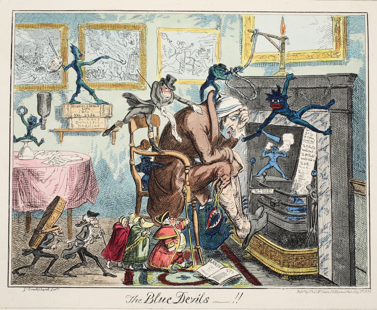 Die blauen Teufel, veröffentlicht 1835 (handkolorierte Gravur) von George Cruikshank
