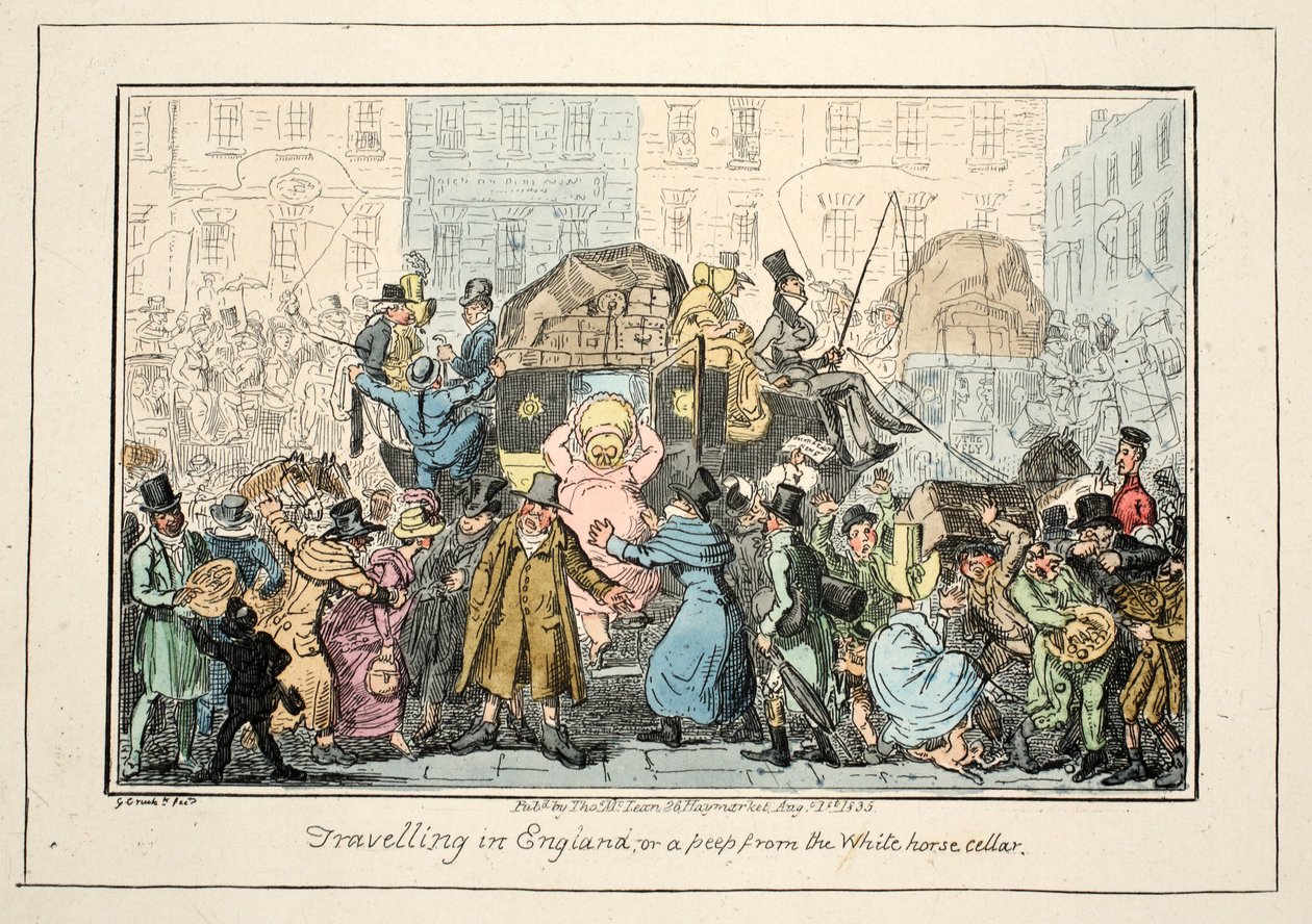 Reisen in England - oder ein Blick aus dem White Horse Cellar, veröffentlicht 1835 von George Cruikshank