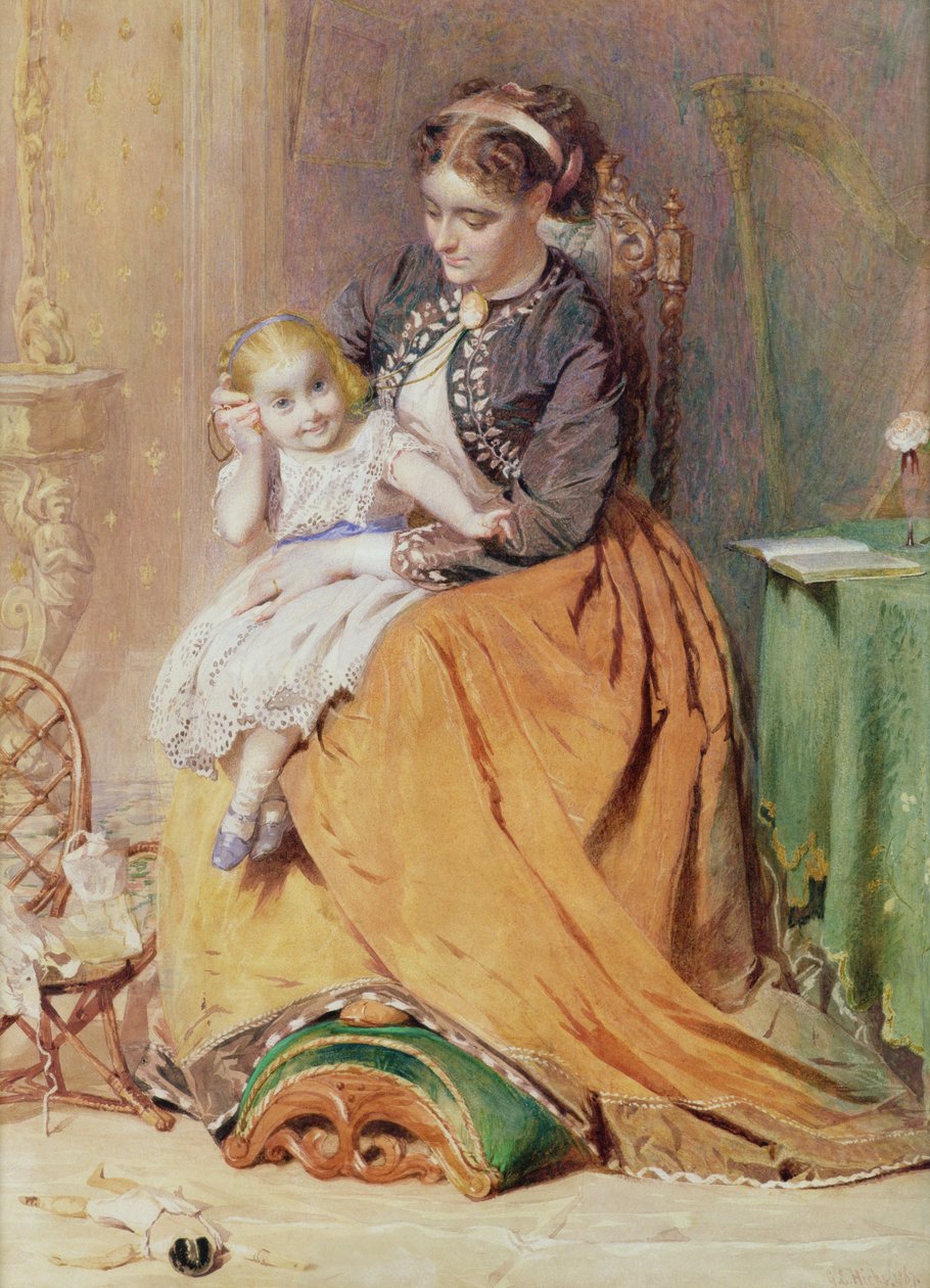 Tick, Tick, Tick - ein Mädchen sitzt auf dem Schoß ihrer Mutter und hört ihre goldene Uhr ticken, 1867 von George Elgar Hicks