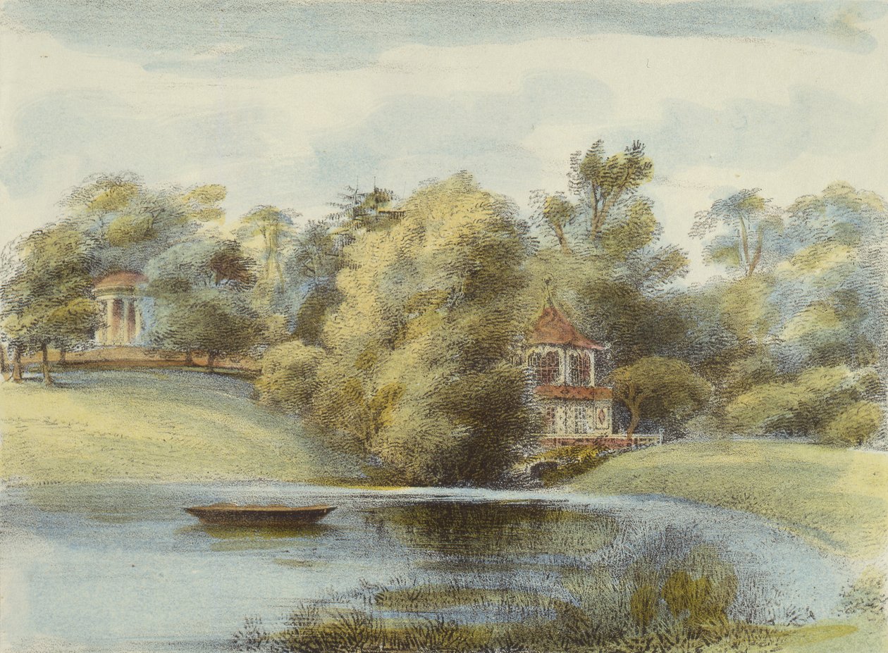 Chinesischer Tempel und Tempel des Eolus, Kew Gardens, Tafel 16 aus Kew Gardens: Eine Serie von vierundzwanzig Zeichnungen auf Stein, graviert von Charles Hullmandel (1789-1850), veröffentlicht 1820 von George Ernest after Papendiek