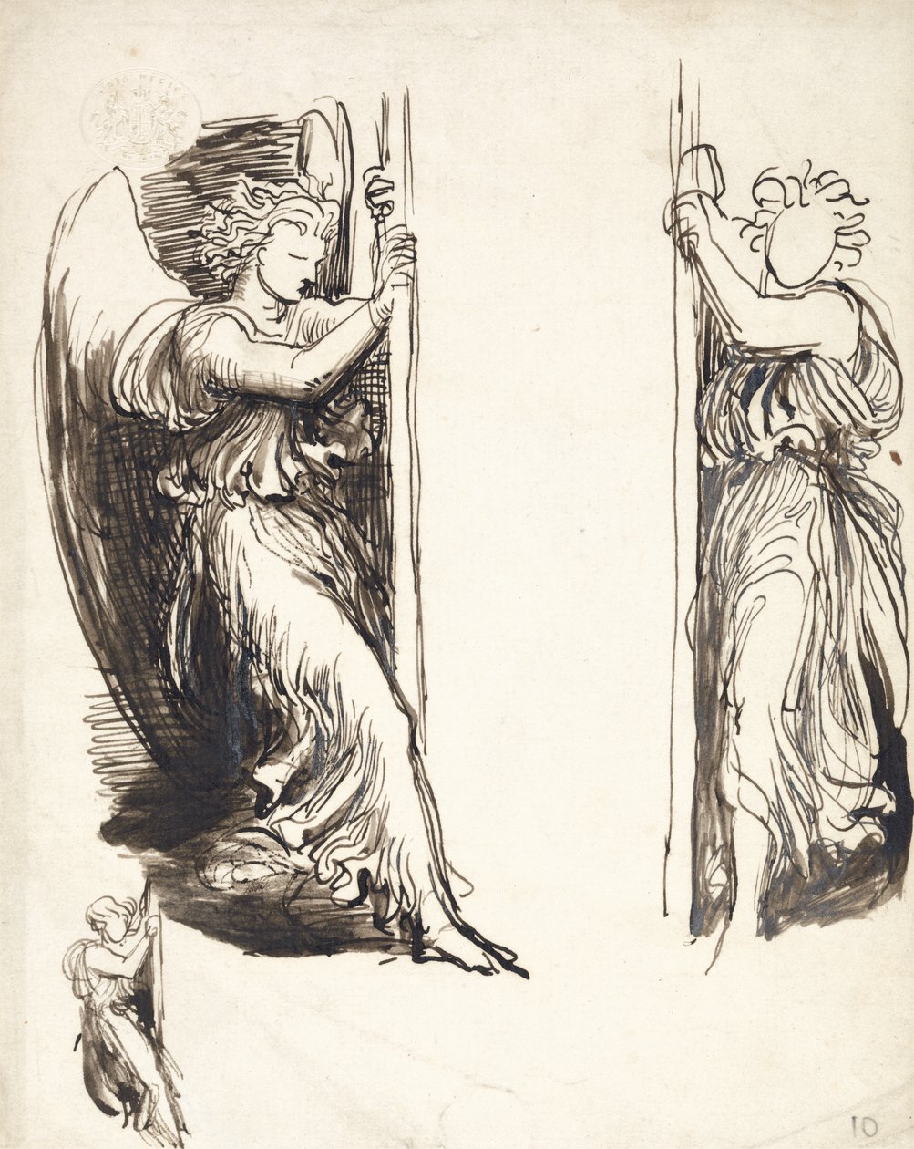 Studien für Engel im Gericht des Todes (Feder & braune Tinte über Graphit) von George Frederick Watts