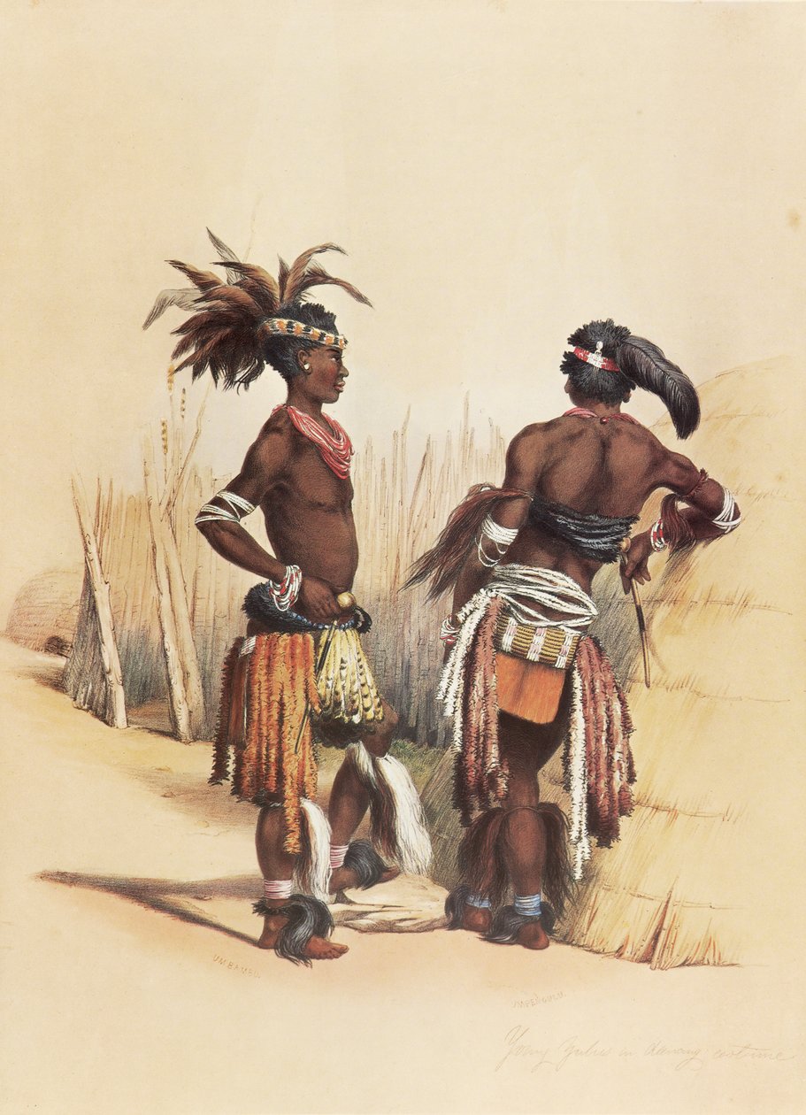 Zwei junge Zulu-Männer in lebhafter traditioneller Kleidung von George French Angas