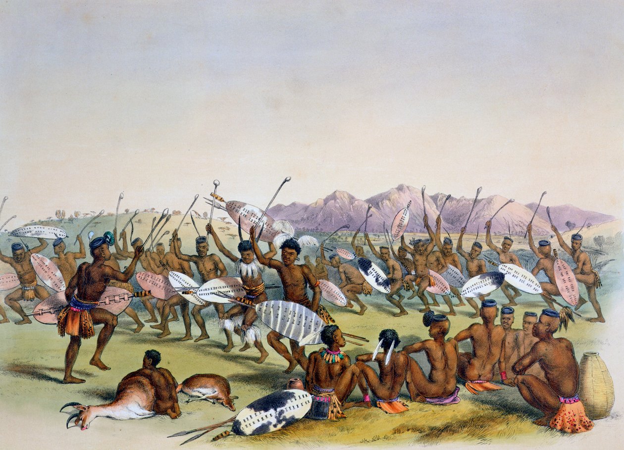 Zulu-Jagdtanz in der Nähe der Engooi-Berge, 1849 von George French Angas
