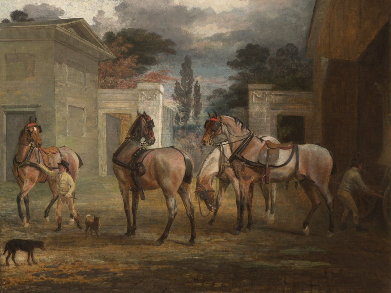 Vier Rappen-Kutschpferde mit zwei Stallknechten, 1792 von George Garrard