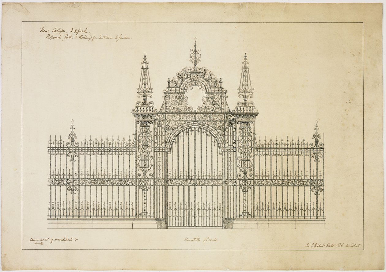 New College Oxford: Vorgeschlagene Tore und Geländer für den Eingang zum Garten von George Gilbert Scott