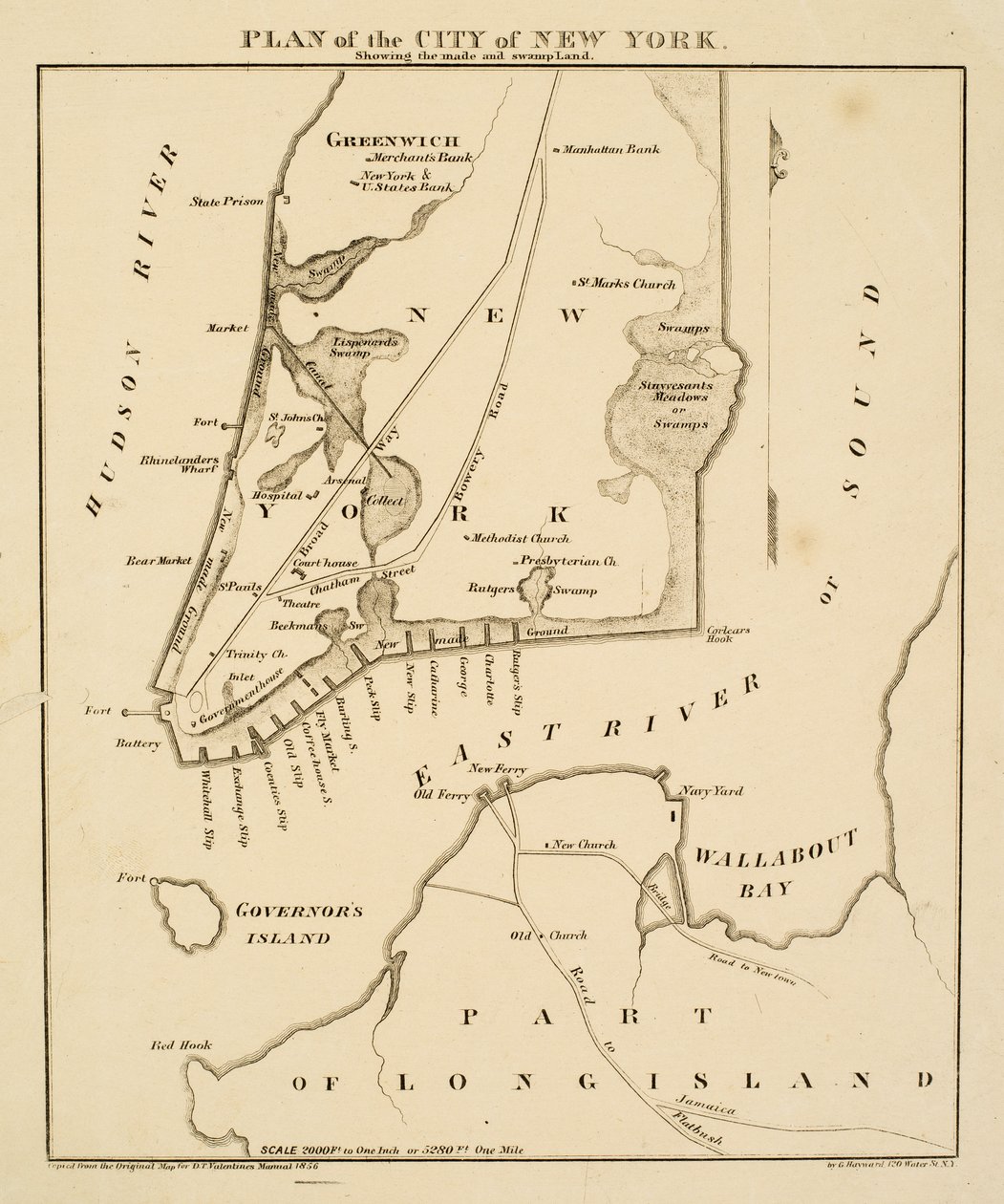 Plan der Stadt New York, der das angelegte und sumpfige Land zeigt, 1856 von George Hayward
