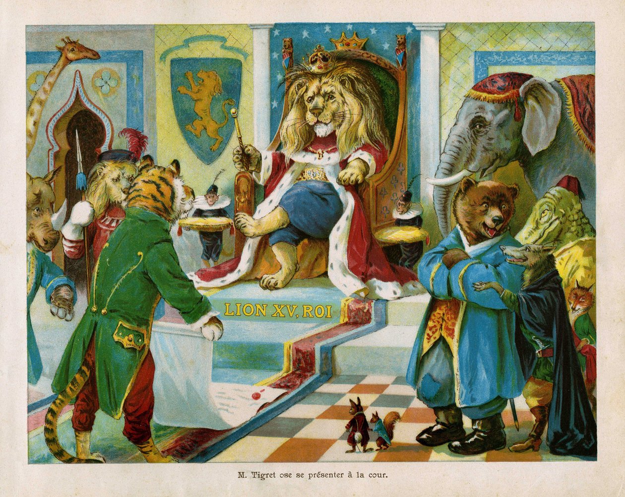 Tigret bat König Löwe XV, den Mitgliedern der Karnivorenvereinigung zu erlauben, andere Tiere zu fressen, in „Der Krieg der Tiere“, Text von J. Jacquin und Illustrationen von C. H. Thompson. Kinderbuch, Ed. Hachette & Cie, Paris, ca. 1905. von George Henry Thompson