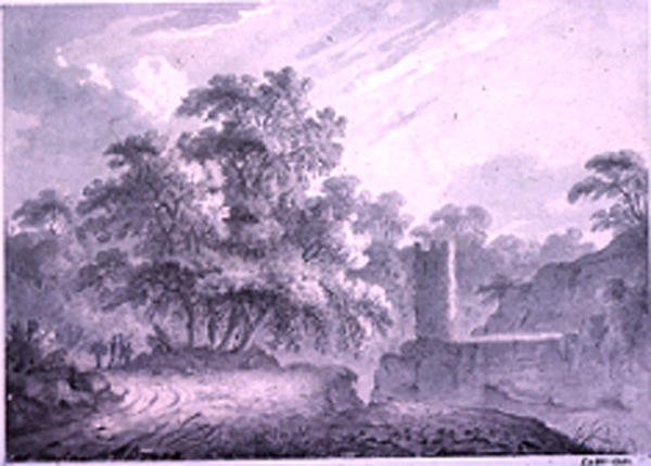 Eine Landstraße mit Reisenden neben einem Turm, gebaut auf einer felsigen Klippe, bei Marino, in der Nähe des Albaner Sees von George Howland Beaumont