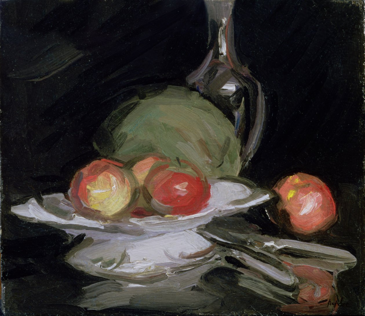 Stillleben Schale mit Obst, Melone und Karaffe von George Leslie Hunter