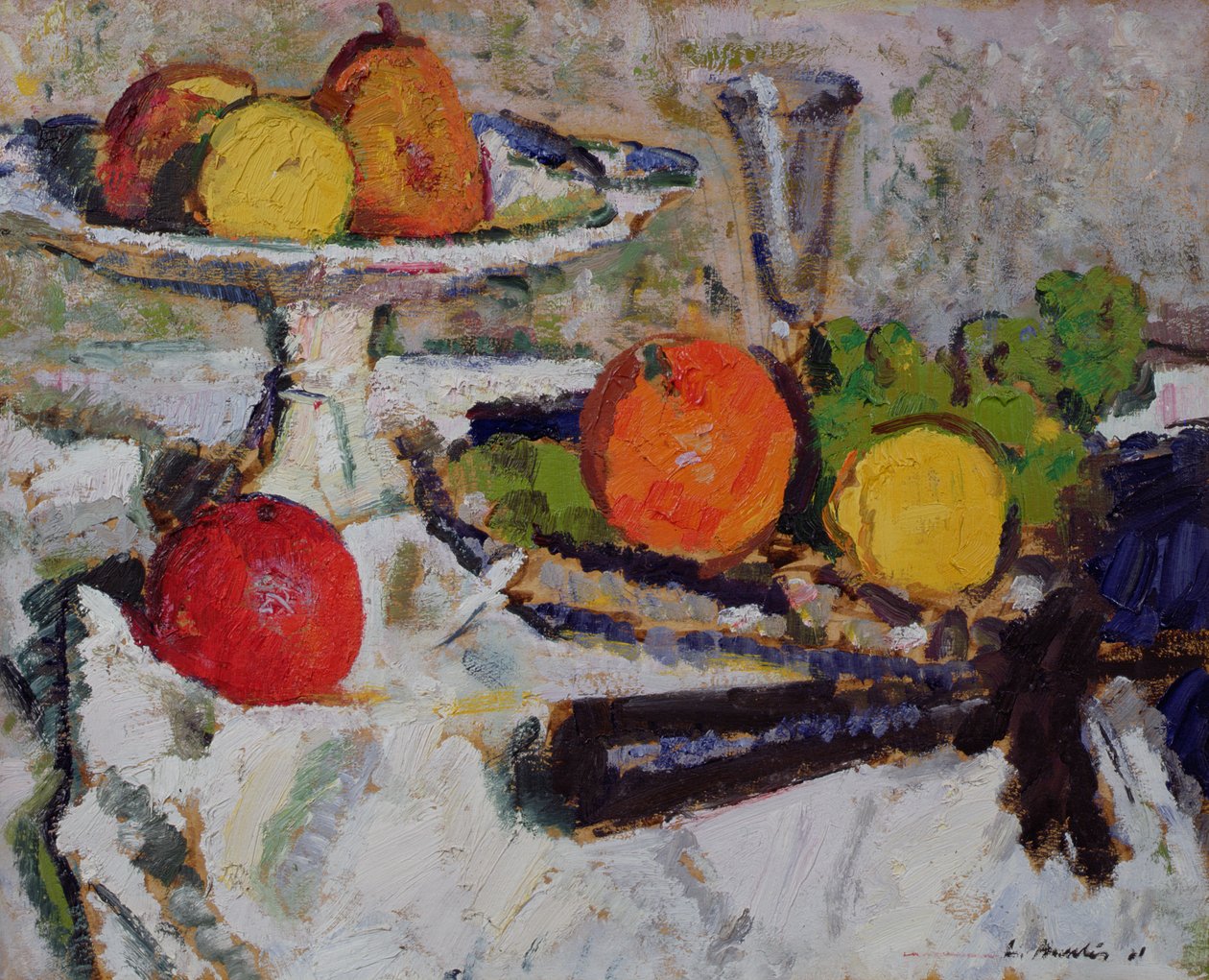 Stillleben mit Früchten auf einem weißen Tischtuch, 1921 von George Leslie Hunter