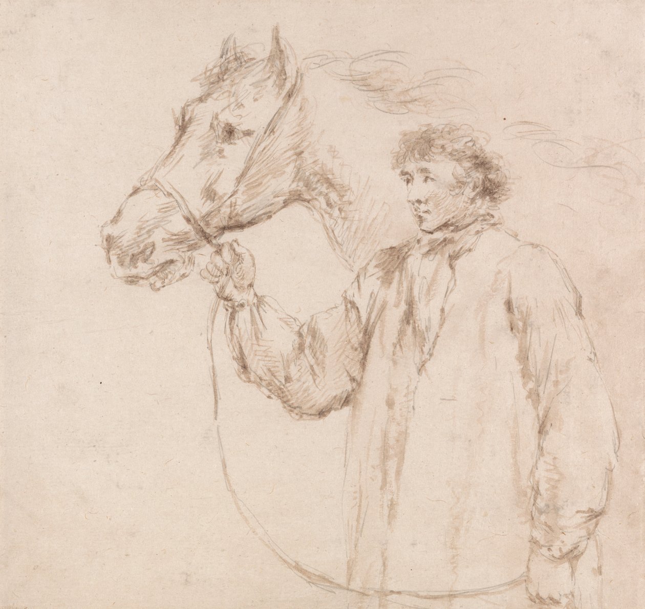 Mann hält Pferd am Zügel von George Morland