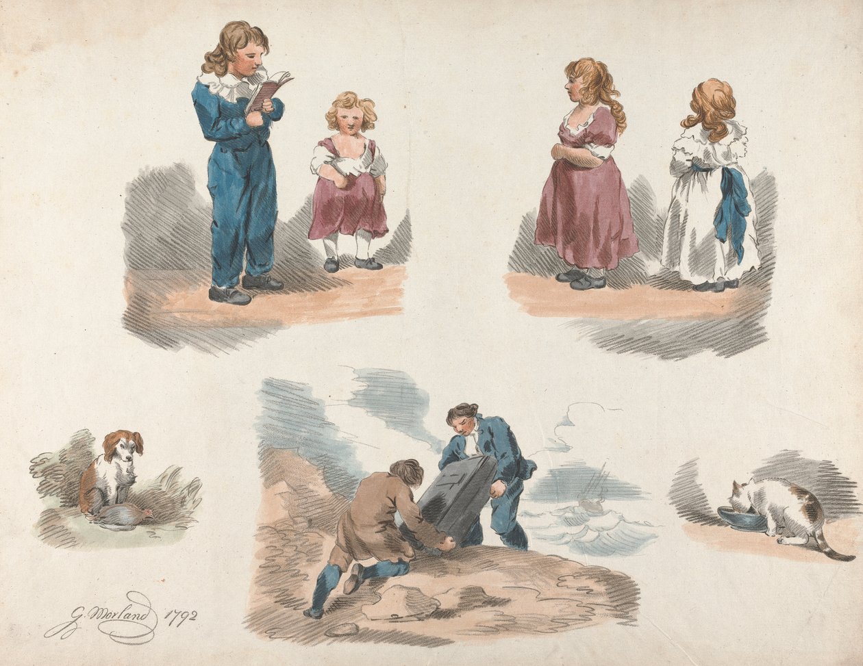 Satz von fünf: Studien von Kindern, einem Hund, einer Katze usw. von George Morland