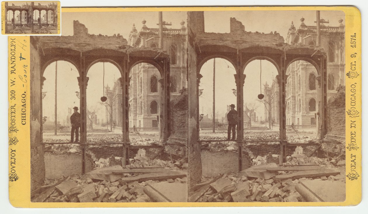 Stereograph des Gerichtsgebäudes, gesehen durch die Ruinen der Ostseite der Clark Street nach dem Chicago-Feuer von 1871, 1871 von George N. Barnard