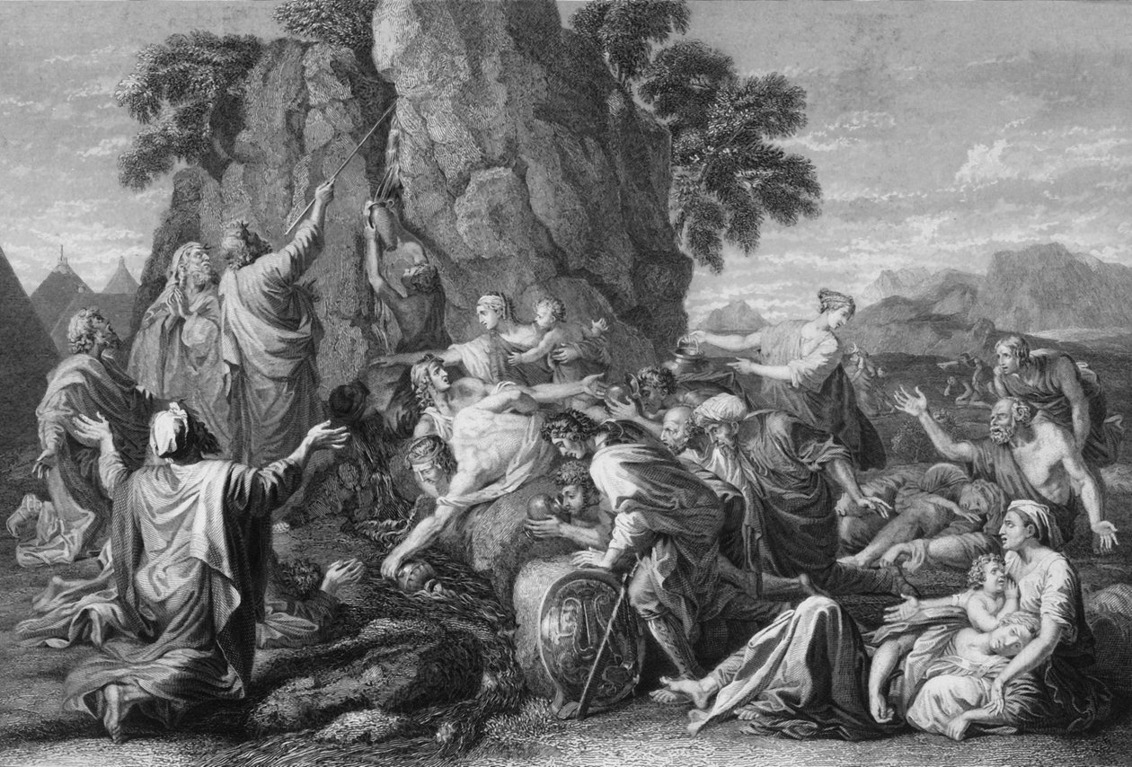 Moses schlug zweimal auf den Felsen, und das Wasser kam reichlich heraus, 1840 von George Presbury
