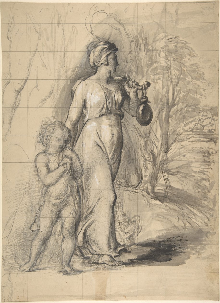 Hagar und Ismael in der Wüste (recto); Zwei Porträtstudien der Frau des Künstlers und eine Studie eines Beins und Torsos (verso) von George Richmond