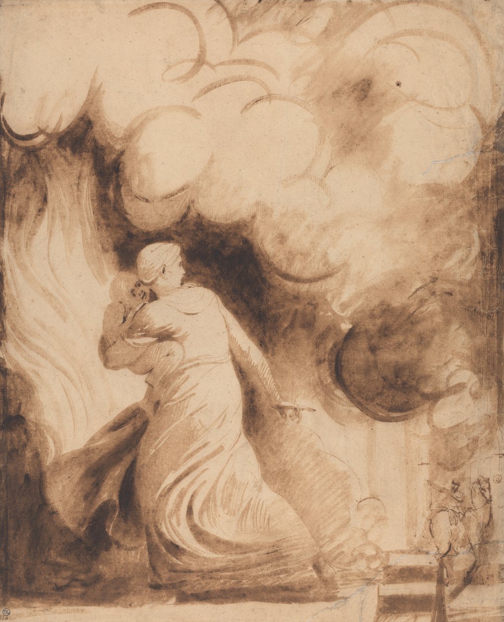 Eine Mutter mit ihrem Kind in den Armen flieht über die Wälle einer brennenden Stadt (Lady Hamilton als "Andromache" flieht aus dem brennenden Troja; Das Feuer) von George Romney