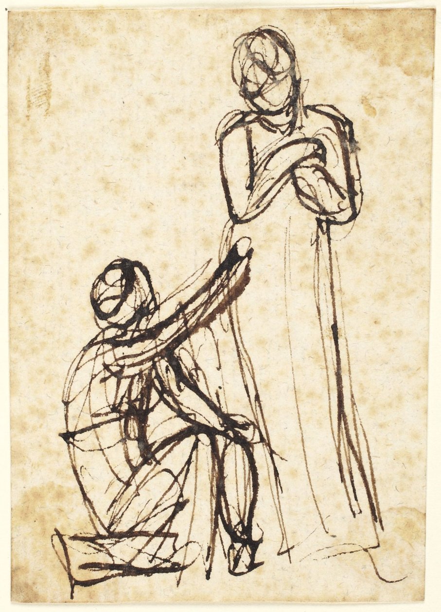 Kniende Figur überreicht stehender Figur ein Objekt von George Romney