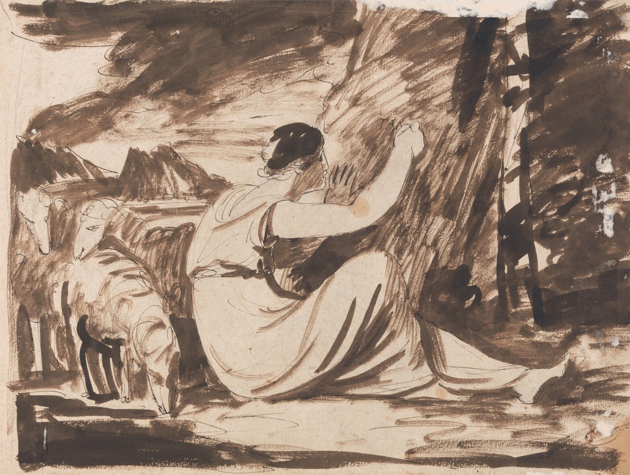 Hirtin, die eine Inschrift in einen Baum schneidet von George Romney