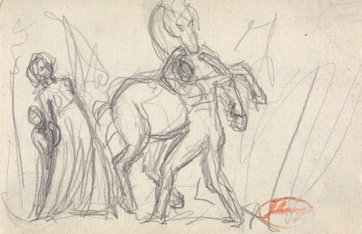 Unbekanntes Motiv: Frau, Kind, Mann und Pferd von George Romney