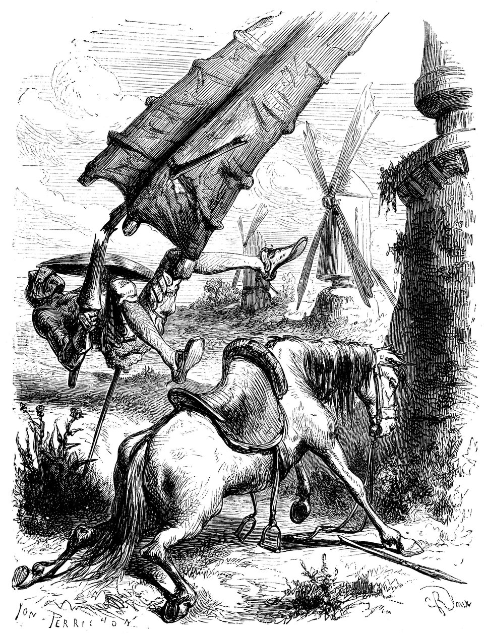 Kampf gegen die Windmühlen: Don Quixote und Rossinante werden vom Flügel einer Mühle zu Boden geworfen von George Roux