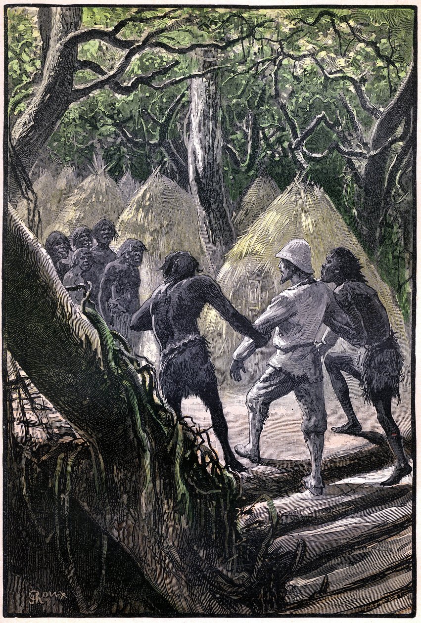 Illustration von George Roux für Jules Vernes Buch „Das Luftdorf“ (1901), Hetzel-Ausgabe/Extraordinary Voyages, Bekannte und Unbekannte Welten. Ankunft der Entdecker im Dorf in den Bäumen der Wagddis (Affen des kongolesischen Waldes) von George Roux