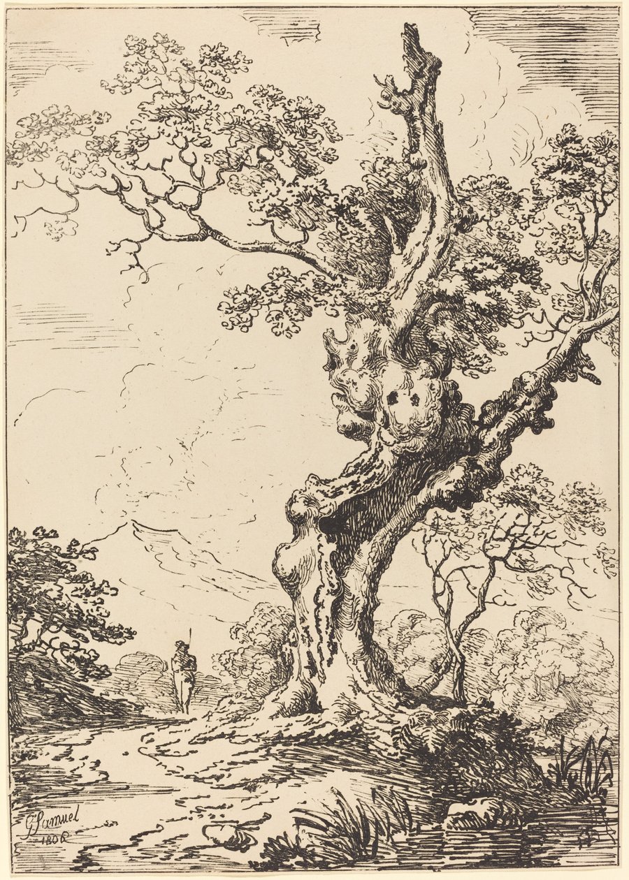 Studie einer alten Eiche, Wasser rechts, ein Mann links von George Samuel