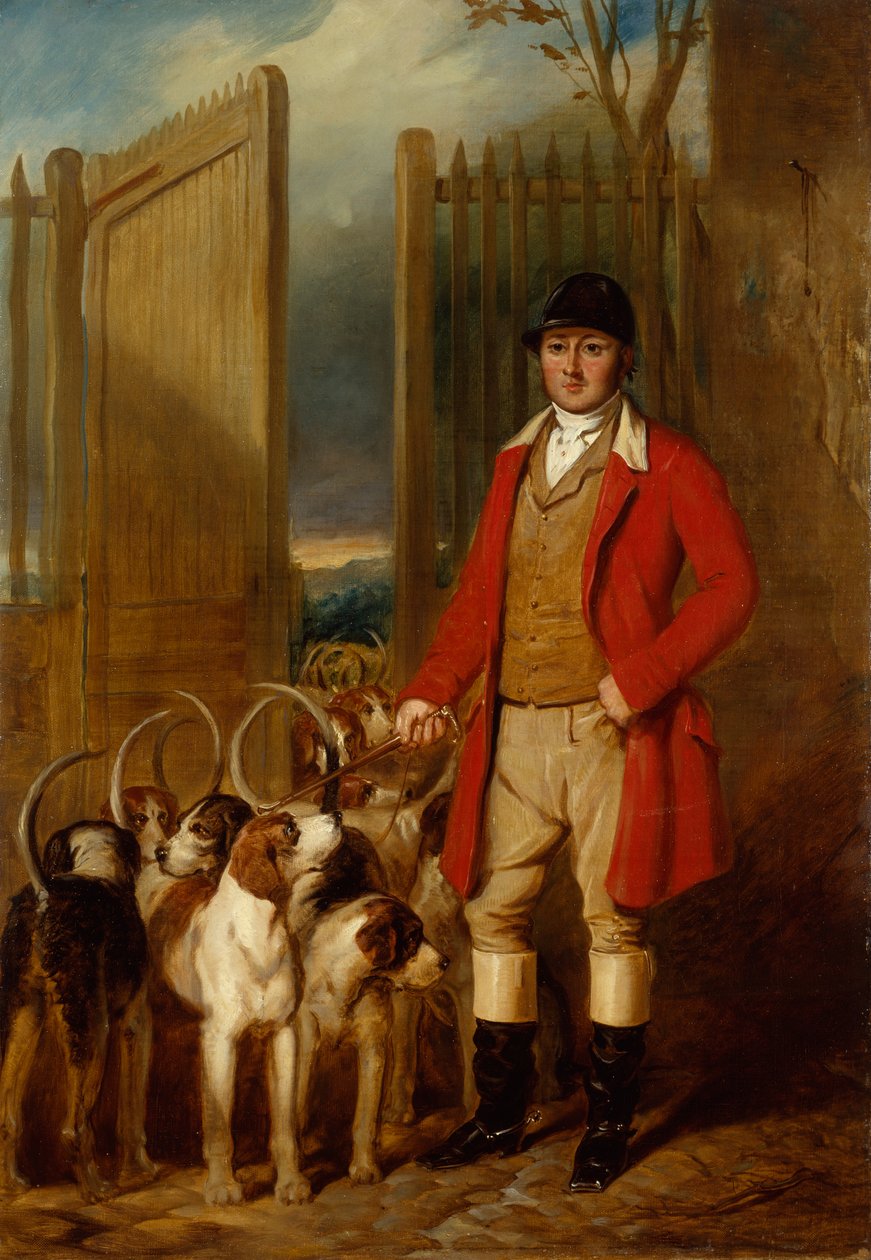 Ein Zwingerjäger und Hunde vor einem Dray-Hof von George Sebright