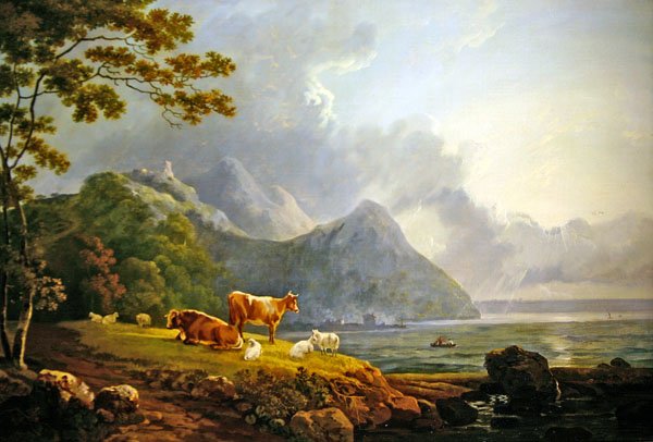 Eine weite Landschaft mit Schafen und Kühen von George Senior Barrett