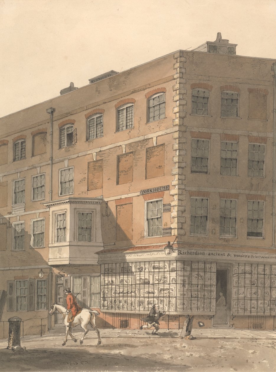 York House, die Ecke der Villiers Street und des Strands, mit Richardsons Ancient and Modern Print Warehouse im Vordergrund von George Shepheard