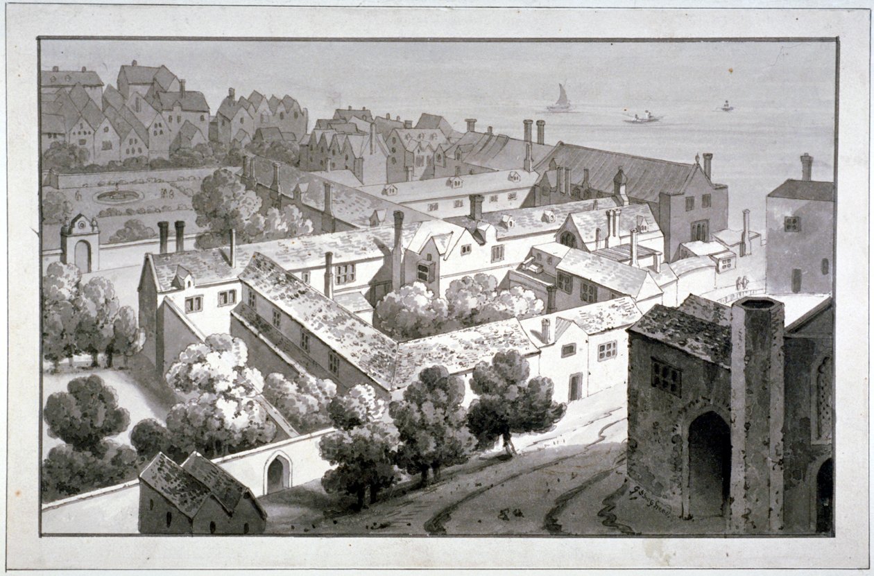 Vogelperspektive auf den Palast des Bischofs von Winchester, Southwark, London, ca. 1820 von George Shepherd