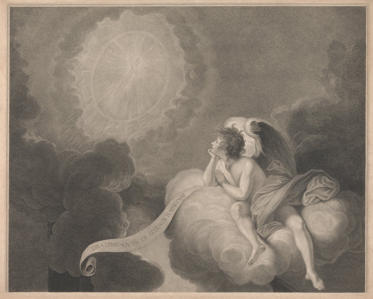 Westfenster der Kapelle, New College Oxford, Engel, der das Geheimnis des Kreuzes betrachtet von George Siegmund Facius
