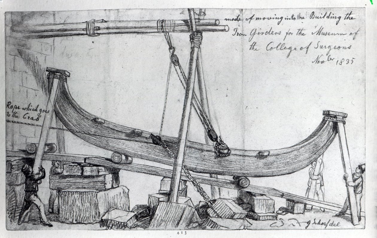 Bewegung der Eisenträger zum Bau des Hunterian Museums am Royal College of Surgeons, 1835 von George Snr Scharf