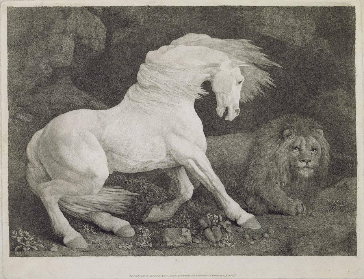Ein von einem Löwen erschrecktes Pferd, graviert vom Künstler, veröffentlicht 1788 von George Stubbs